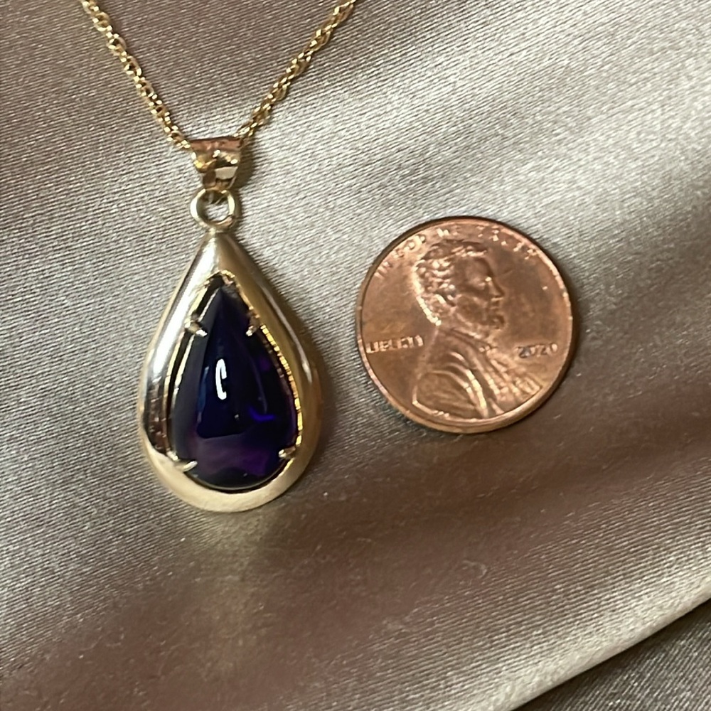 Solid 14k Pear Shaped Natural Cabochon Amethyst P… - image 2